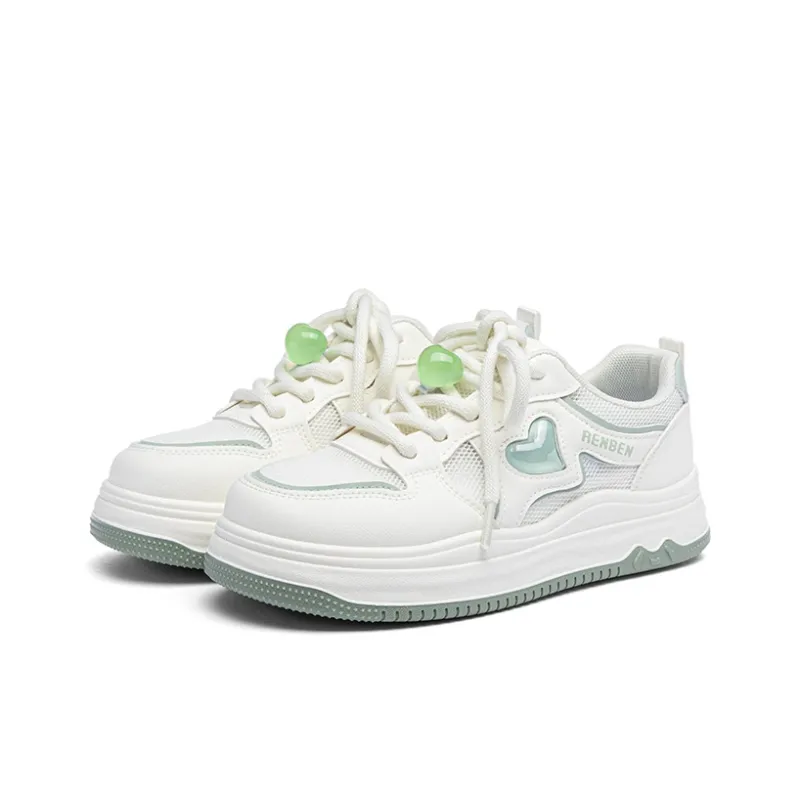 RENBEN Anti Slip Wear Resistant Low Top Skateboard Shoes Women's White Green-2