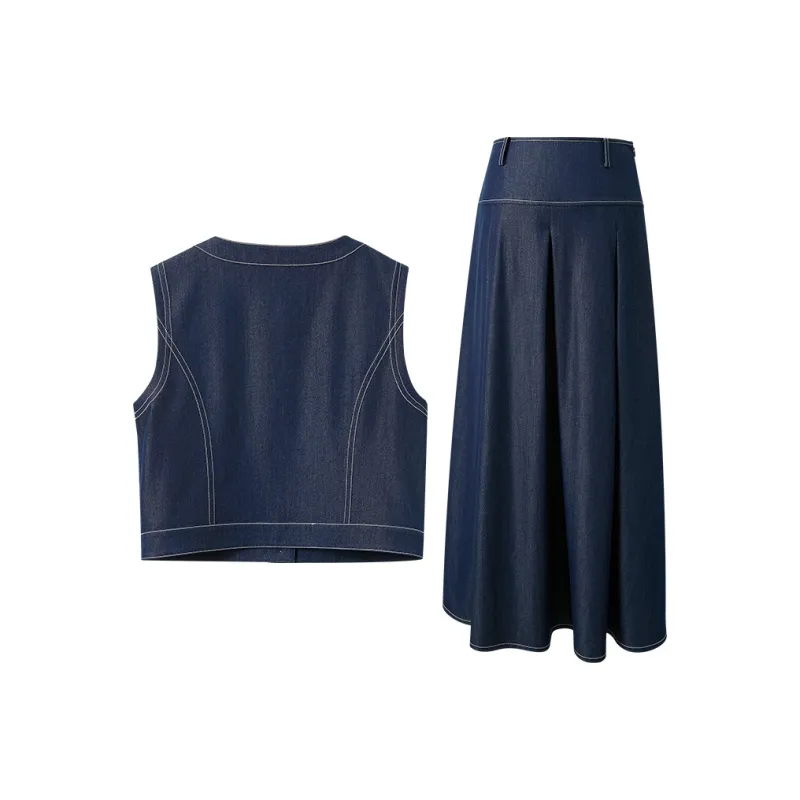 3COLOUR Casual Suits Women's Clothing Sets Navy Blue Vest+Skirt-1