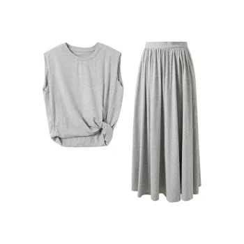 3COLOUR Two Piece Skirt Sets Women's Clothing Set Stone Gray Top+Skirt