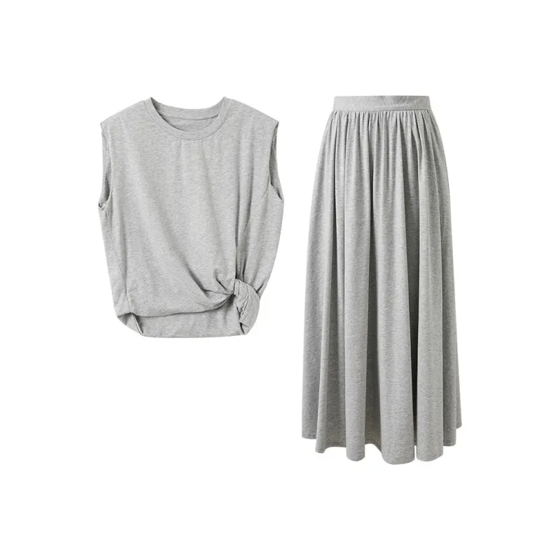 3COLOUR Two Piece Skirt Sets Women's Clothing Set Stone Gray Top+Skirt-0