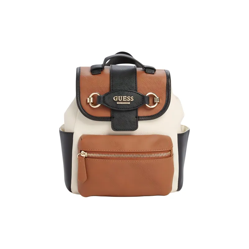 GUESS Artificial Saffiano Leather Backpack Unisex Beige Brown-0
