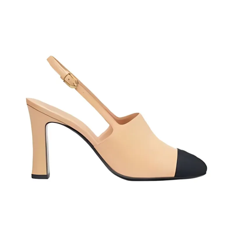 CHANEL 25P Spring Summer Chunky Heel High Heels 9cm Women's Beige-1