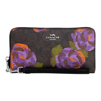 COACH Zip Around Canvas With Leather Clutch Coin Purse Wallet Small Size Women's Dark Brown