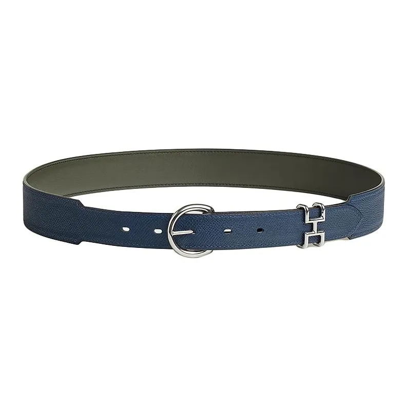 HERMES Calfskin Leather Belts Men's Green/Blue Width 3.4cm-1