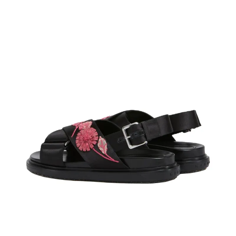 MARNI Fussbett Floral Appliqué One Strap Sandals Women's Black-3