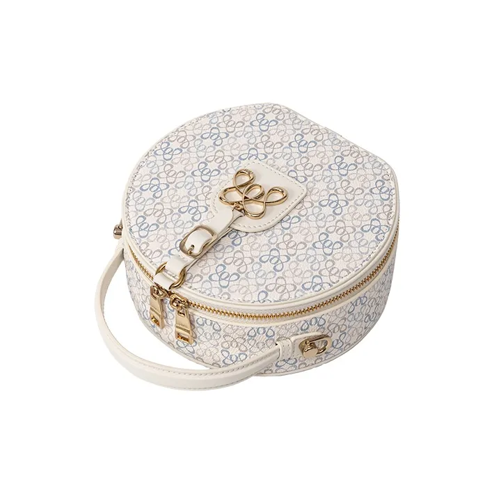 OMI PVC Synthetic Leather Handbag With Shoulder Strap, One Shoulder Bag, Small Round Bag Women's Milk White/Dark Coffee-2