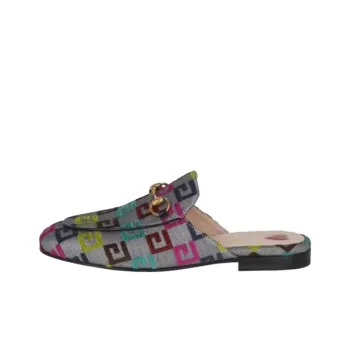 GUCCI Lurex Embroidered Princetown Mules Silver Women's