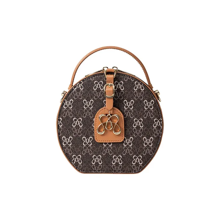 OMI PVC Synthetic Leather Handbag With Shoulder Strap, One Shoulder Bag, Small Round Bag Women's Milk White/Dark Coffee-7