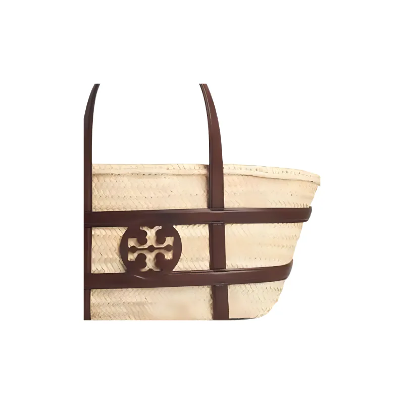 TORY BURCH Ella Raffia Tote Handbag Women's Cream-3