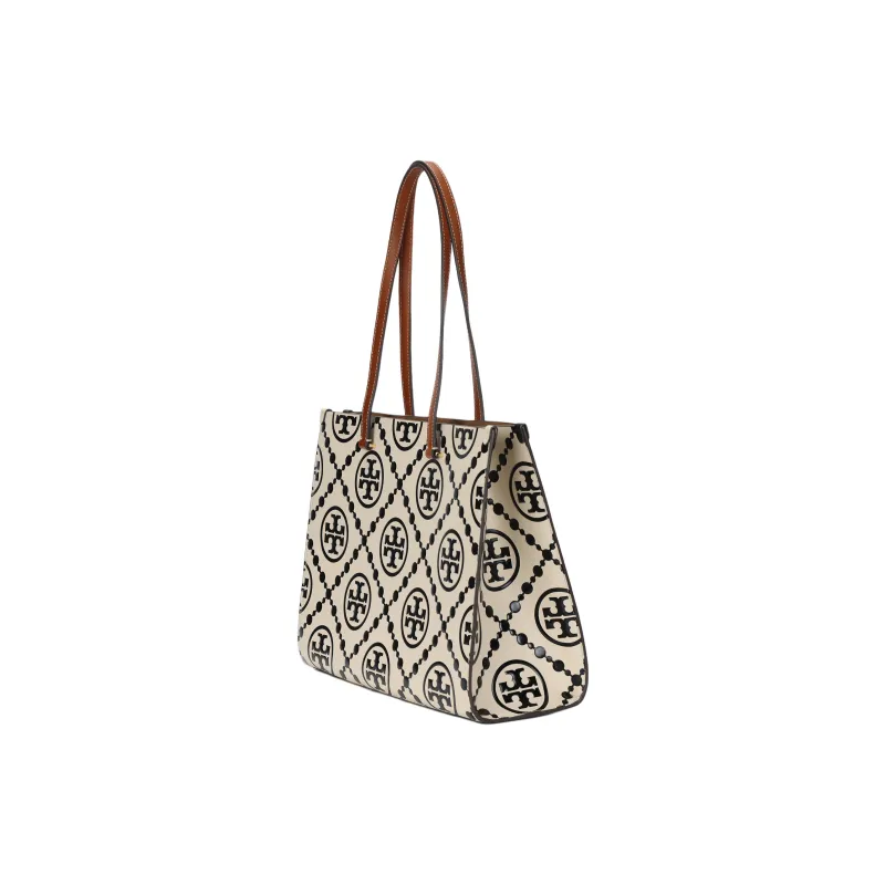 TORY BURCH T Monogram Contrast Embossed Tote Black/White-2