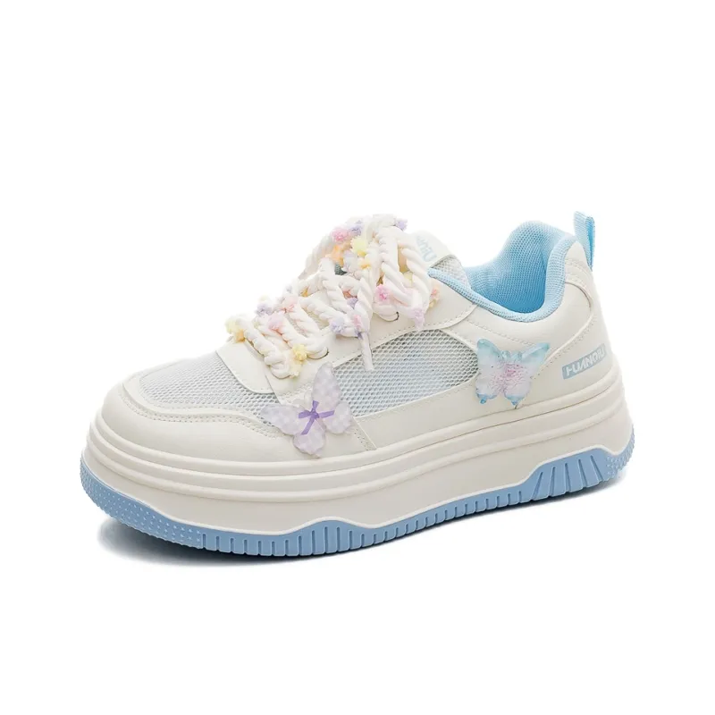 HUANQIU Slip Resistant Shock Absorbers With Abrasion Resistant Properties Low Top Skateboard Shoes Women's Beige Blue-1