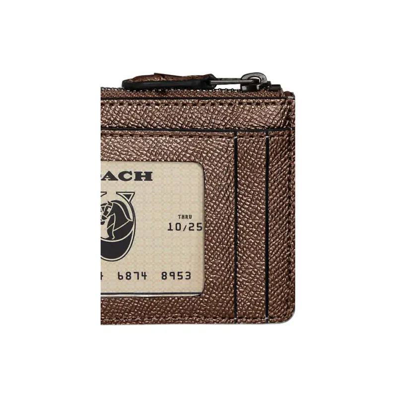 COACH Skinny Id Case Metallic Twill Leather Coin Purse, Card Holder Mini Women's Dark Brown-3