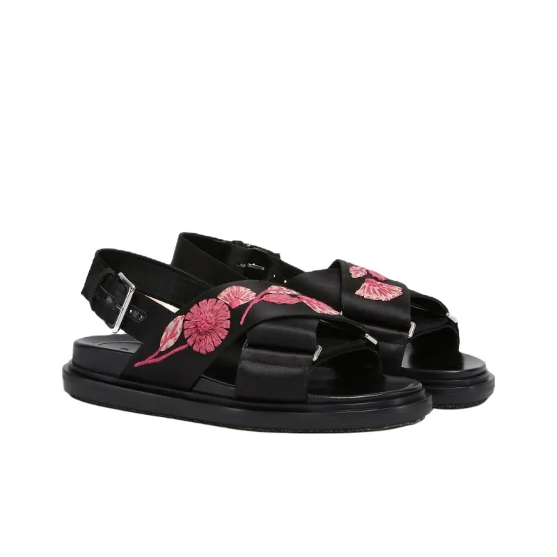 MARNI Fussbett Floral Appliqué One Strap Sandals Women's Black-2