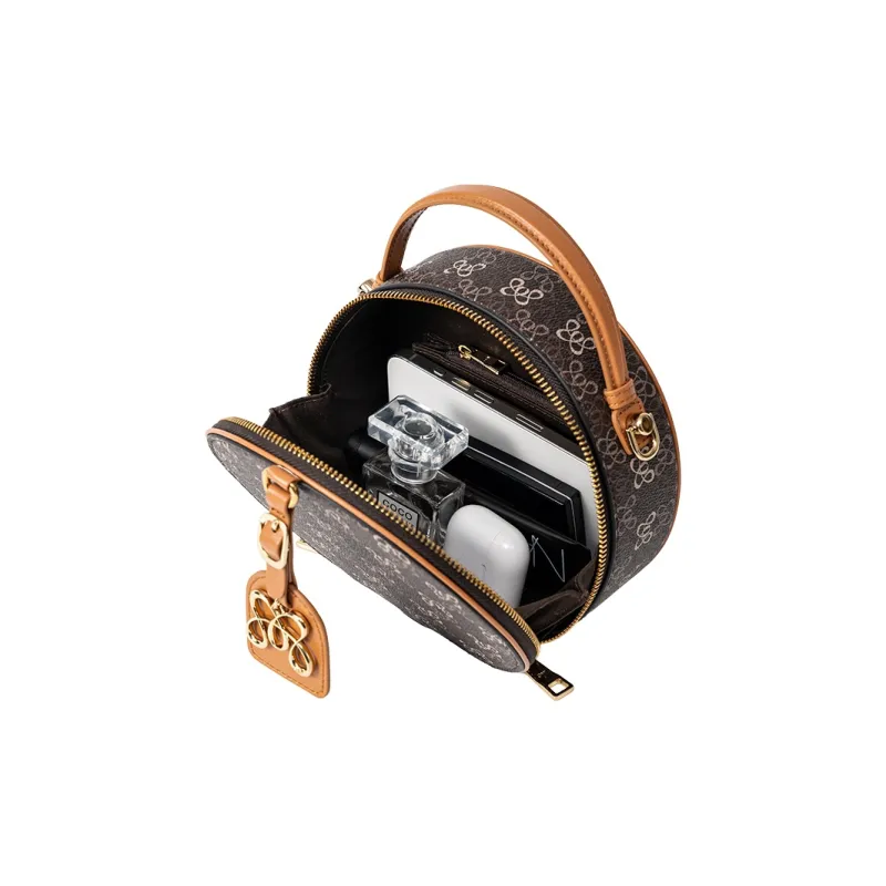 OMI PVC Synthetic Leather Handbag With Shoulder Strap, One Shoulder Bag, Small Round Bag Women's Milk White/Dark Coffee-11