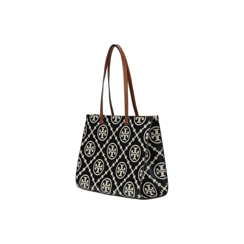 TORY BURCH T Monogram Contrast Embossed Tote Black/White-1