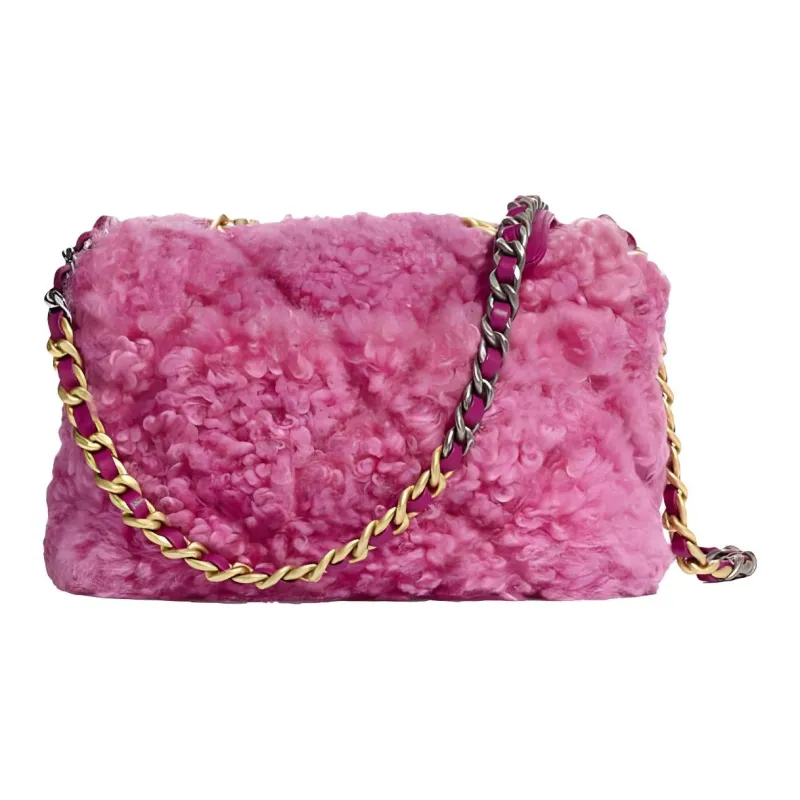 CHANEL 19Bag Plaid Woolen Flap Bag, Shoulder Bag, Crossbody Bag Trumpets Women's Dark Pink-1
