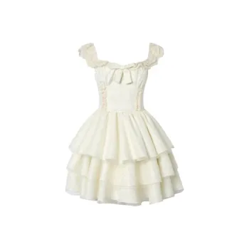 PZGE Slip Dresses Women's Apricot Princess Dress+Bowknot Pin Detachable