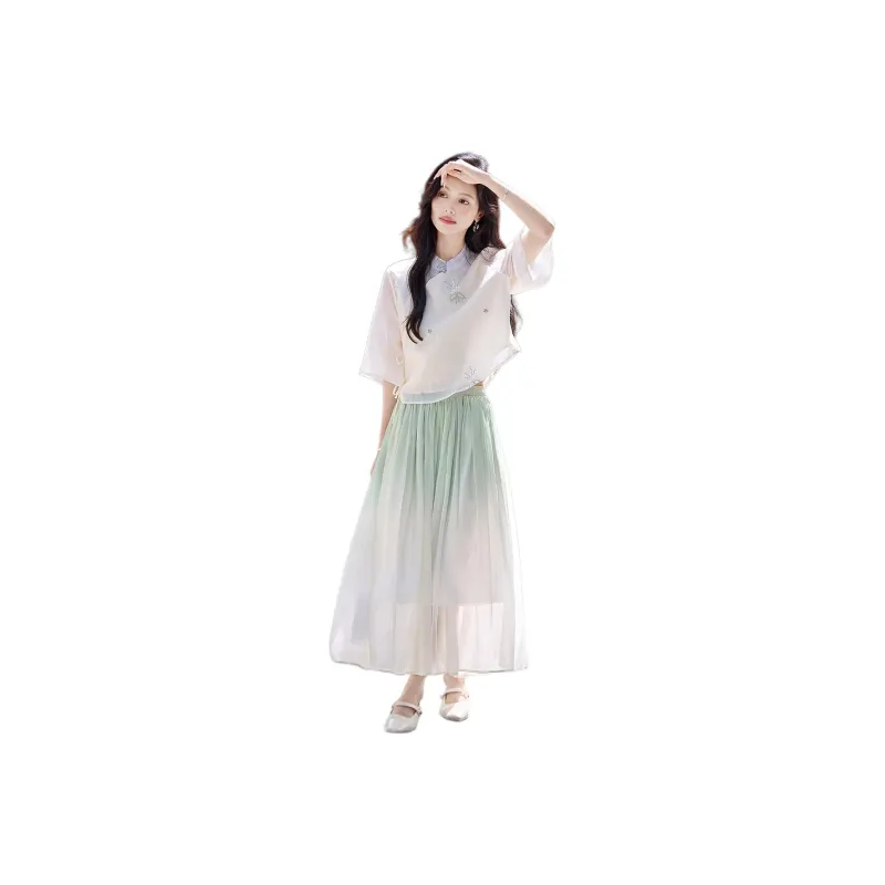 Still quiet Two Piece Skirt Sets Women's Apricot+Green-0