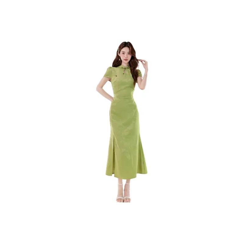 Mm Short Sleeved Dresses Women's Chinese Style Green-0