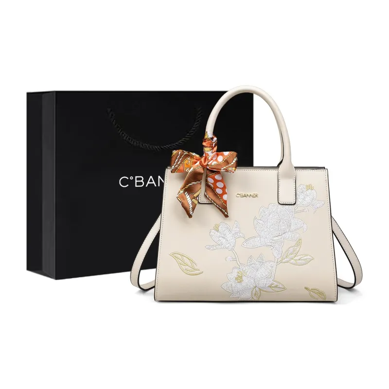 C°BANNER Cow Leather Tote Bag, Shopping Bag, Handbag Medium Size Women's Ecru-0