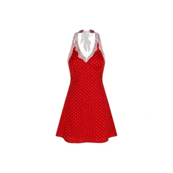 MIMOSA CHUR Slip Dresses Women's Red Polka Dot Lace Patchwork Dress