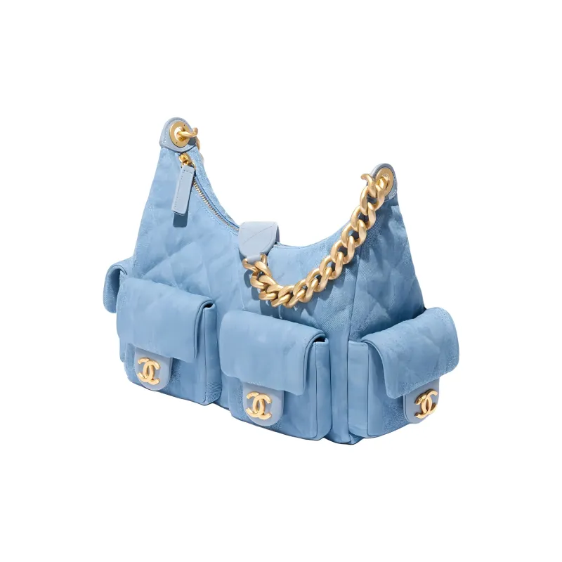 CHANEL Washed Denim & Gold Metal Hippy Bag Hobo Bag Shoulder Bag Tubas Women's Blue-1