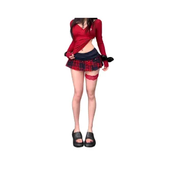 YINLEI Casual Shorts Women's Red Plaid