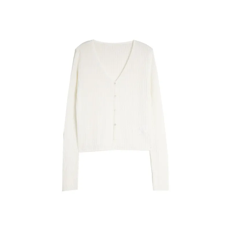 ELLE French Minimalist Style Lightweight V Neck Knitted Fabric Cardigan Women's-7