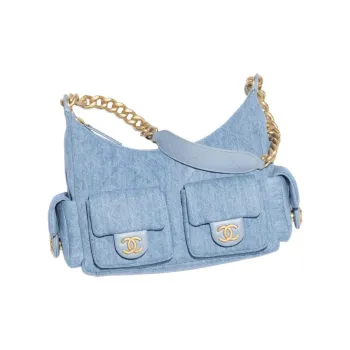 CHANEL Washed Denim & Gold Metal Hippy Bag Hobo Bag Shoulder Bag Tubas Women's Blue