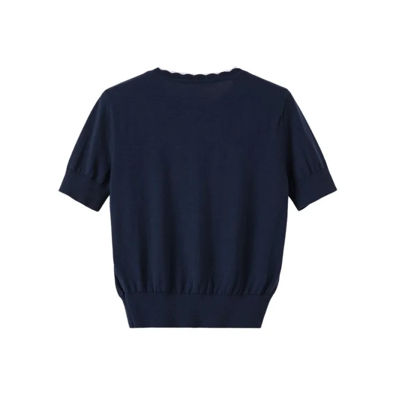 Late White Knitted Fabric Short Sleeved Women's Royal Blue-1