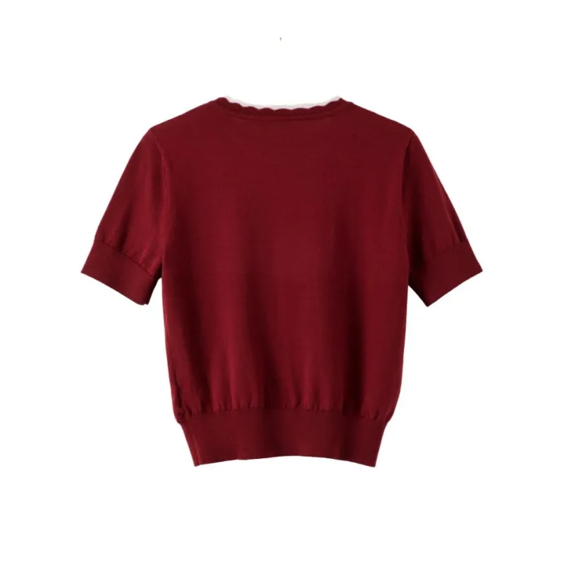Late White Knitted Fabric Short Sleeved Women's Red-1