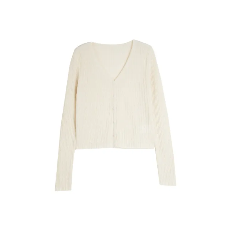 ELLE French Minimalist Style Lightweight V Neck Knitted Fabric Cardigan Women's-0