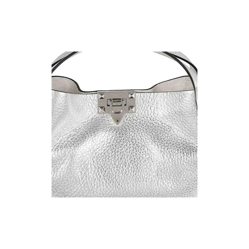 Valentino Grained Calfskin Tote Bag Shopping Bag Shoulder Bag Handbag Small Size Women's Silver-4