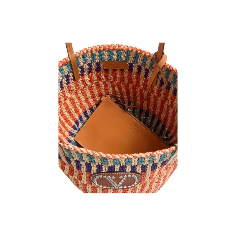 Valentino GARAVANI Raffia Tote Bag, Shopping Bag, Handbag Women's Orange & Multicolor-4
