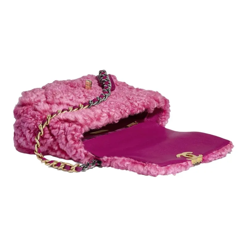 CHANEL 19Bag Plaid Woolen Flap Bag, Shoulder Bag, Crossbody Bag Trumpets Women's Dark Pink-3