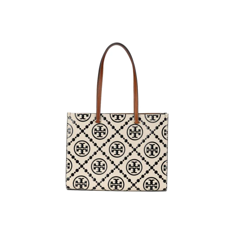 TORY BURCH T Monogram Contrast Embossed Tote Black/White-3