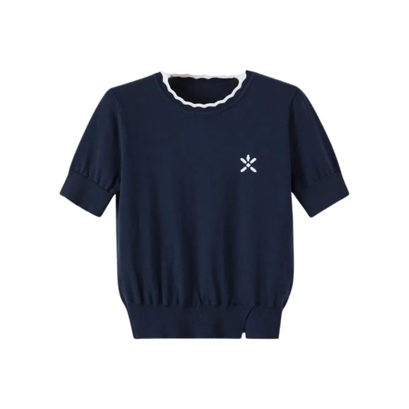 Late White Knitted Fabric Short Sleeved Women's Royal Blue-0