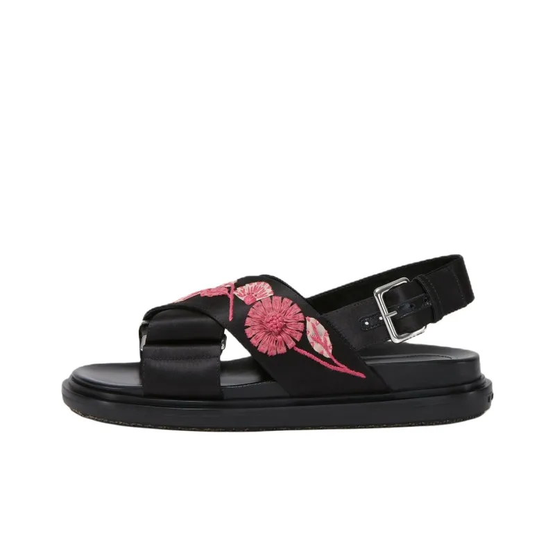 MARNI Fussbett Floral Appliqué One Strap Sandals Women's Black-0