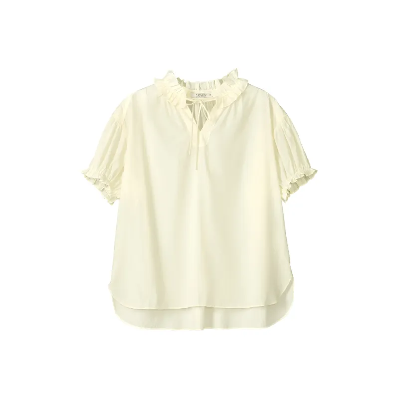 Fstudio Korean Style V Neck Lace Trims Top Lace Up Short Sleeved Shirt Women's-1