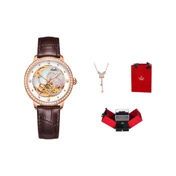 EBOHR Cut Out Orchid Plate Mechanical Movement Cowhide Strap Watch Women's Watch Mother of Pearl Color Watch Dial