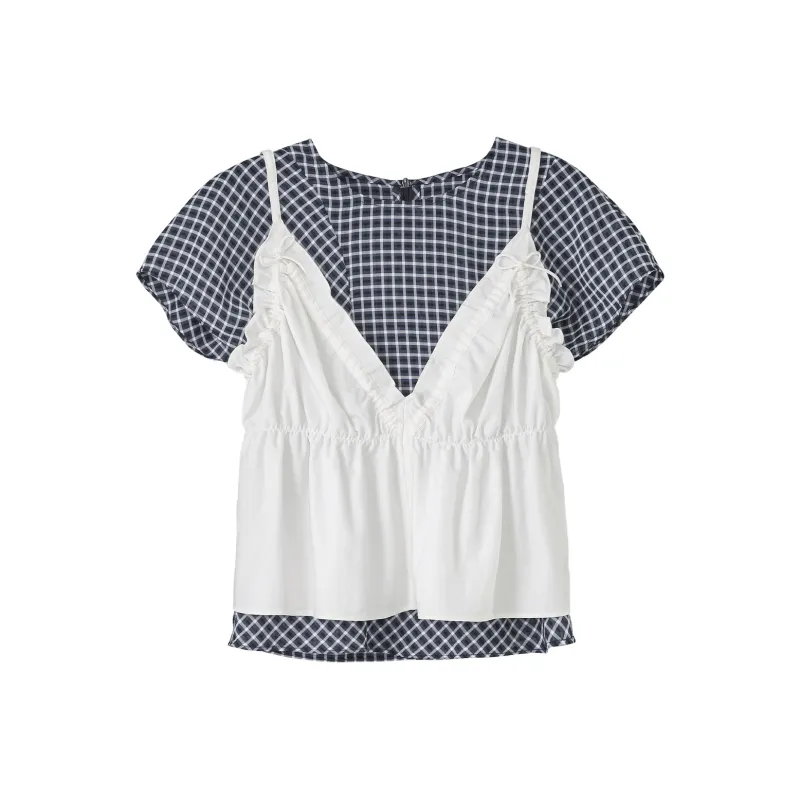 Fstudio Korean Preppy Style Top Plaid Inner Short Sleeved Two Piece Set T Shirt Women's-1