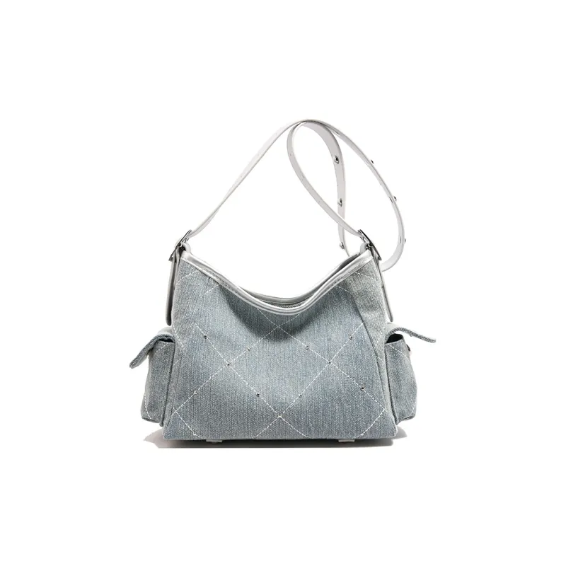Meow In The Grass Denim Crossbody Underarm Shoulder Bag Women's Brown/Silver-9