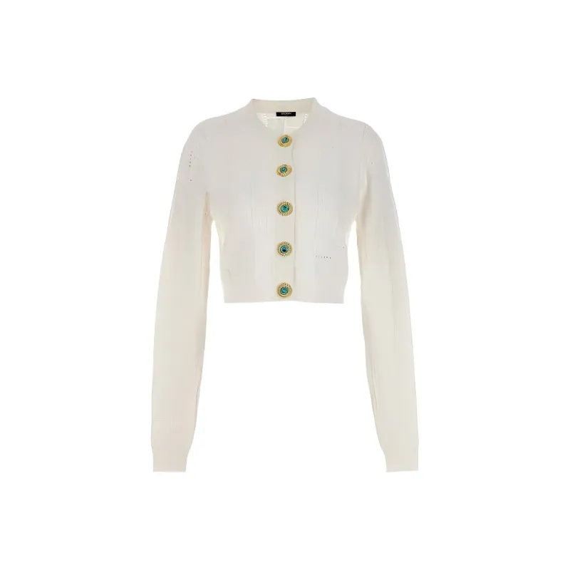 BALMAIN Buttonned Monogram Mesh Knit Cardigan-0