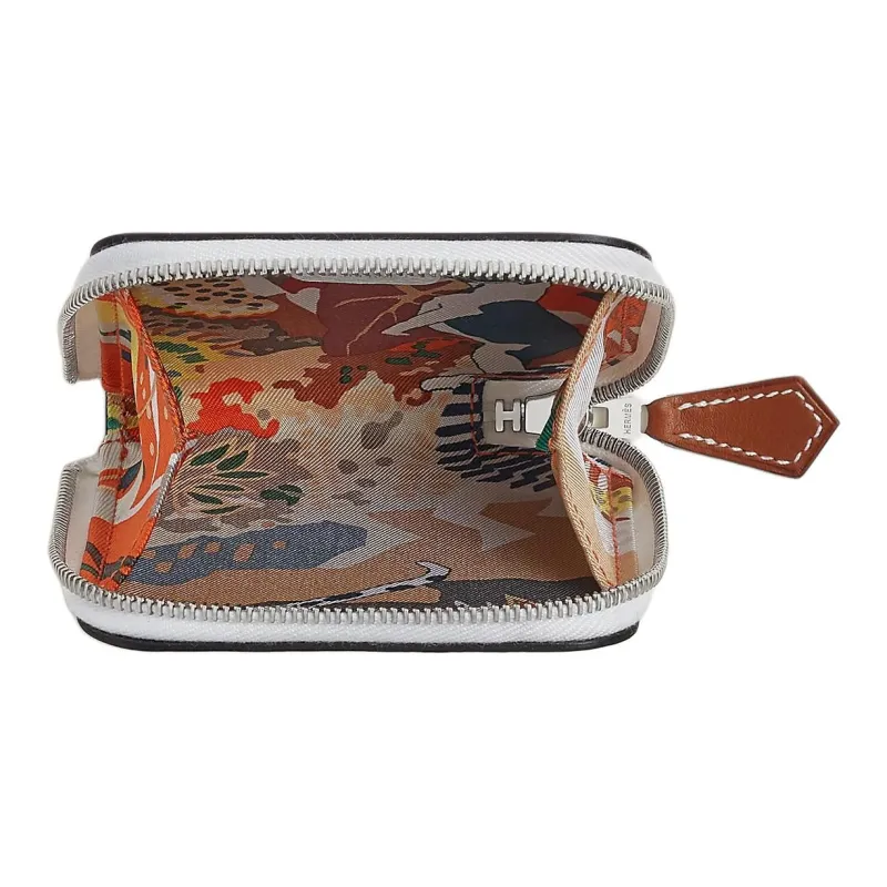 HERMES Silk'In Evercolor & Barenia Calfskin Coin Purse Women's New White & Orange & Gull Gray-1