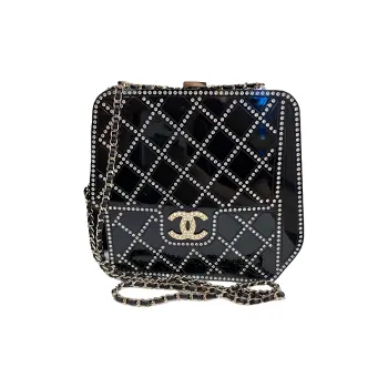 CHANEL Glossy Leather Evening Bag, Square Box Clutch, Shoulder Bag, Crossbody Bag Regular Women's Black