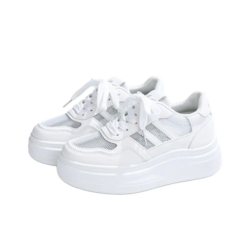 RENBEN Breathable Height Increase Low Top Skateboard Shoes Women's White Silver-2
