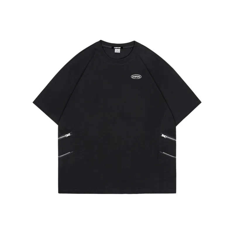 Chinpeno Summer American Half Sleeve Loose Fit Plus Size Short Sleeved Men's Trendy Zippers Crew Neck T Shirt Unisex-3