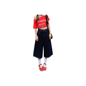 Wen Shan Denim Shorts Women's Dark Blue Capri Pants