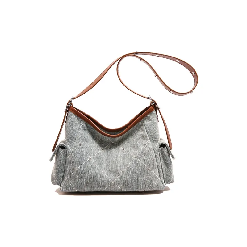 Meow In The Grass Denim Crossbody Underarm Shoulder Bag Women's Brown/Silver-0