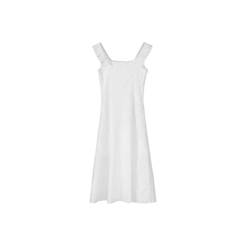 Fstudio Summer Korean Style Hollow Out Square Neck Waist Cinching Textured Dress 100% Cotton Slip Dress Women's-2